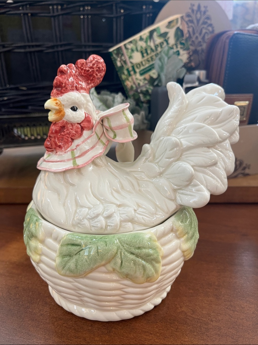 Vintage Ceramic Kaldun & Bogle covered dish featuring a white nesting rooster